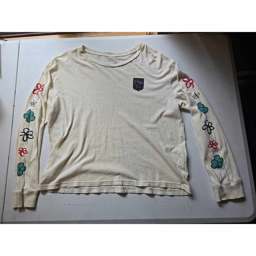 RVCA Cream Graphic Floral Long Sleeve Shirt Womens Medium M Oversized